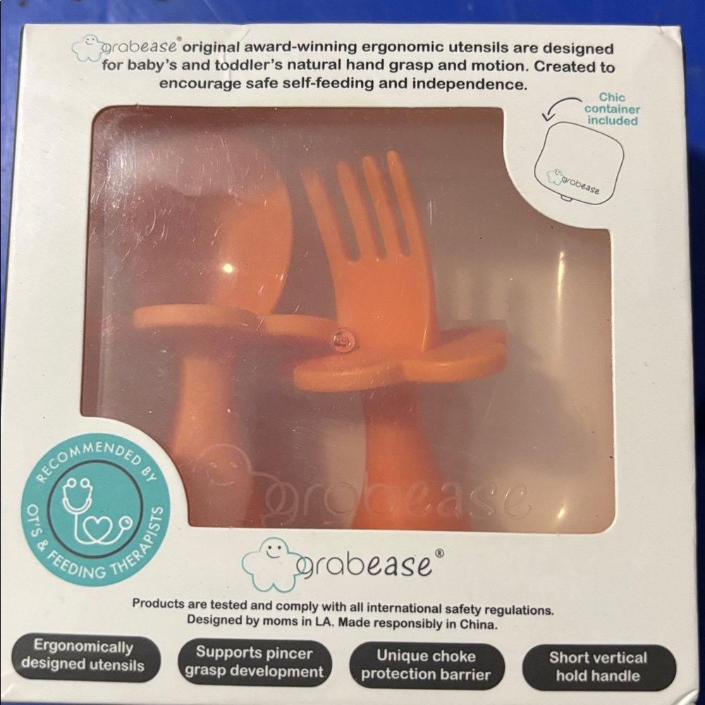 Grabease Ergonomic Baby Infant Toddler Spoon Fork Utensils, Orange w/Case New